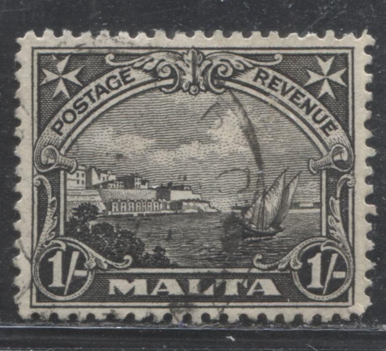 Lot 148 Malta SG#166 1/- Black Valletta Harbour, 1926-1927 Pictoral Definitive Issue, A Very Fine Used Single, Script CA WMK, Perf 12.5