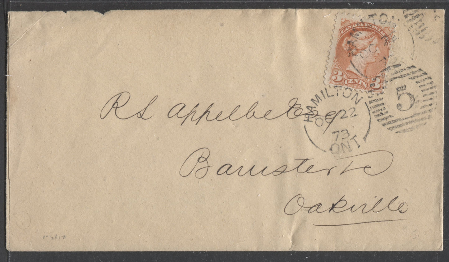 Lot 148 Canada #37iii 3c Orange Red Queen Victoria, 1870-1897 Small Queen Issue, Single Usage on a Cover From Hamilton to Oakville, ON Montreal, 11.75 x 12, Stout Wove, October 22, 1873 Hamilton Duplex Cancel
