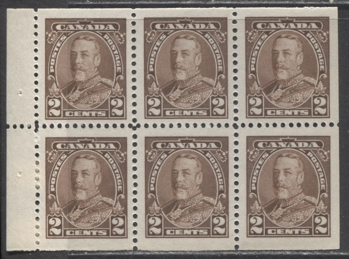 Lot 148 Canada #218b 2c Brown King George V, 1935 Pictorial Issue, A VFNH Booklet Pane Of 6 On Vertical Wove Paper With Cream Gum