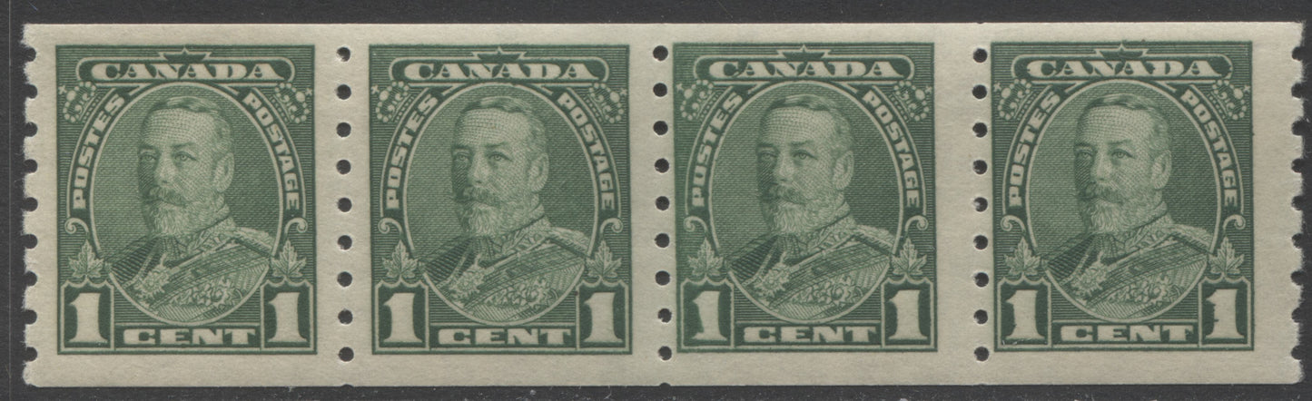 Lot 149 Canada #228iii 1c Green King George V, 1935 Pictorial Coil Issue, A VFNH Narrow Spacing Coil Jump Strip Of 4 Showing the Very Narrow "1" Variety