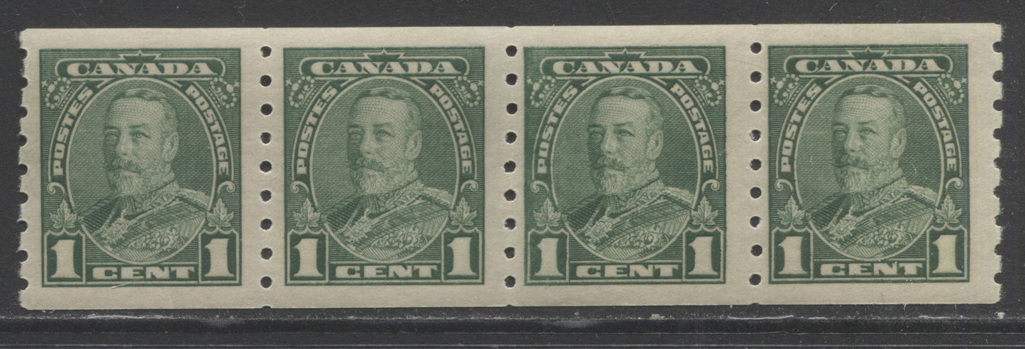 Lot 150 Canada #228iii 1c Green King George V, 1935 Pictorial Coil Issue, A VFNH Coil Jump Strip Of 4 Showing the Narrow "1" Variety