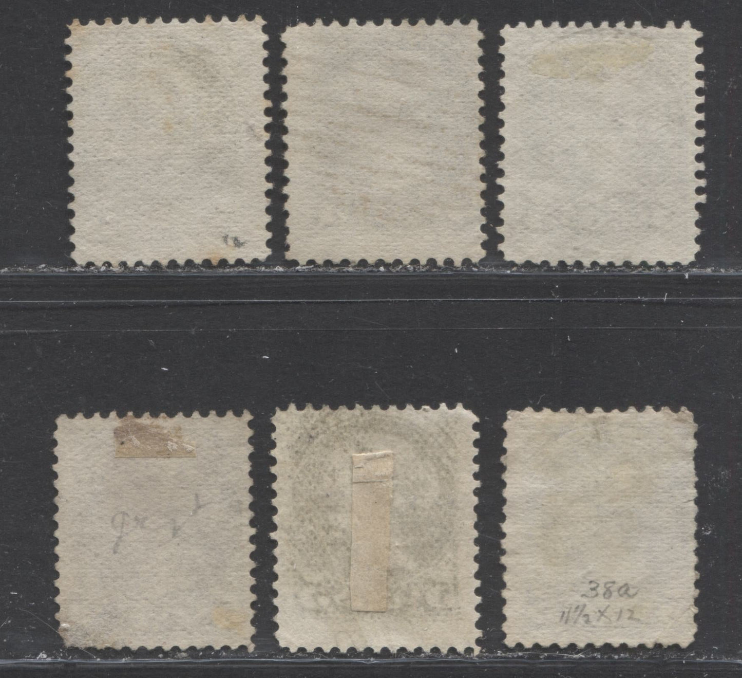 Lot 150 Canada #38, 38i, 38a 5c Slate Green and Deep Olive Green Queen Victoria, 1870-1897 Small Queen Issue, Six VG and Fine Used Examples Montreal, 12 x 12.1, 11.5 x 12, 12 x 12.2, Stout Horizontal Wove , With Different Shades and Perfs