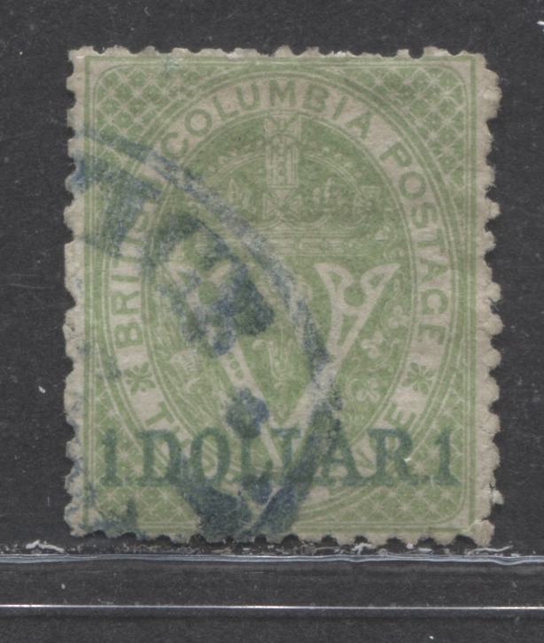 Lot 15 British Columbia #18 $1 On 3d Green Seal Of BC, 1869 Surcharge Issue, A Very Good Used Single, Perf 12.5