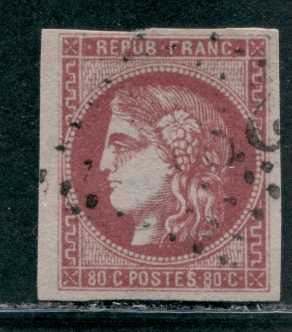Lot 15 France SC#48 80c Rose on Pinkish 1870-1871 Imperforate Bordeaux Issue, A VG Used Example, Net Estimated Value $50, Click on Listing to See ALL Pictures