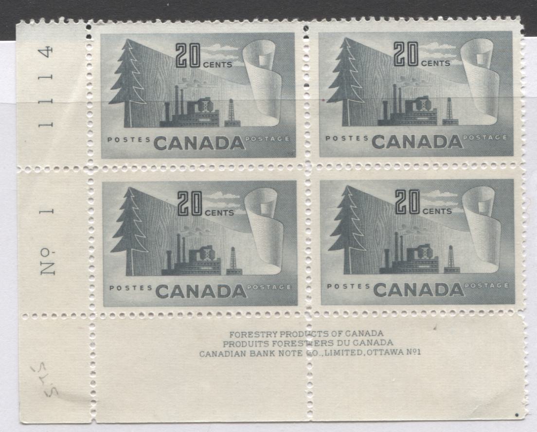 Lot 15 Canada #303-304, 316 3c - 20c Turquoise Green - Gray Sir Robert Borden - Paper Mill, 1951-1952 Commemorative Issues, 5 VFNH LL Plates 1-2 Blocks Of 4