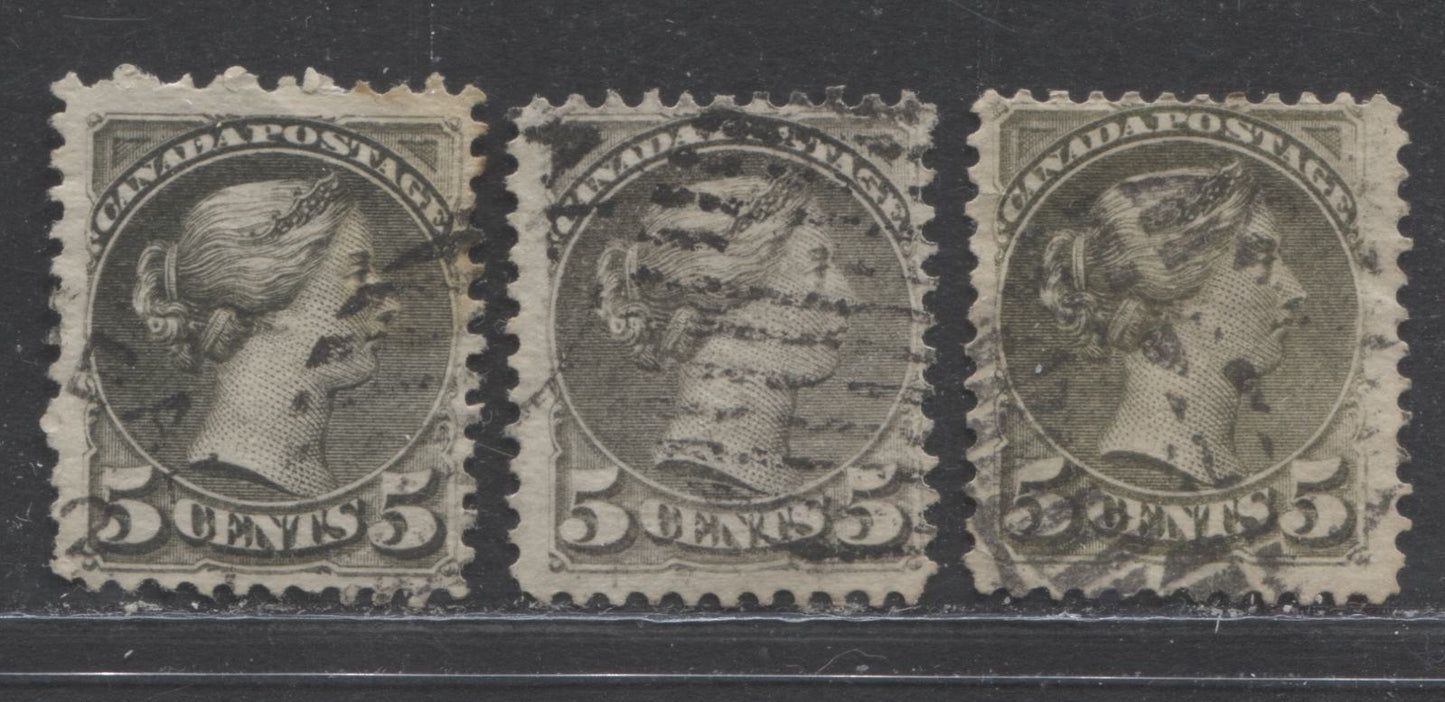 Lot 151 Canada #38, 38a 5c Slate Green and Deep Olive Green Queen Victoria, 1870-1897 Small Queen Issue, Three VG and Fine Used Examples Montreal, 11.5 x 12.1, 11.5 x 12, 12 x 12.2, Stout Horizontal Wove,