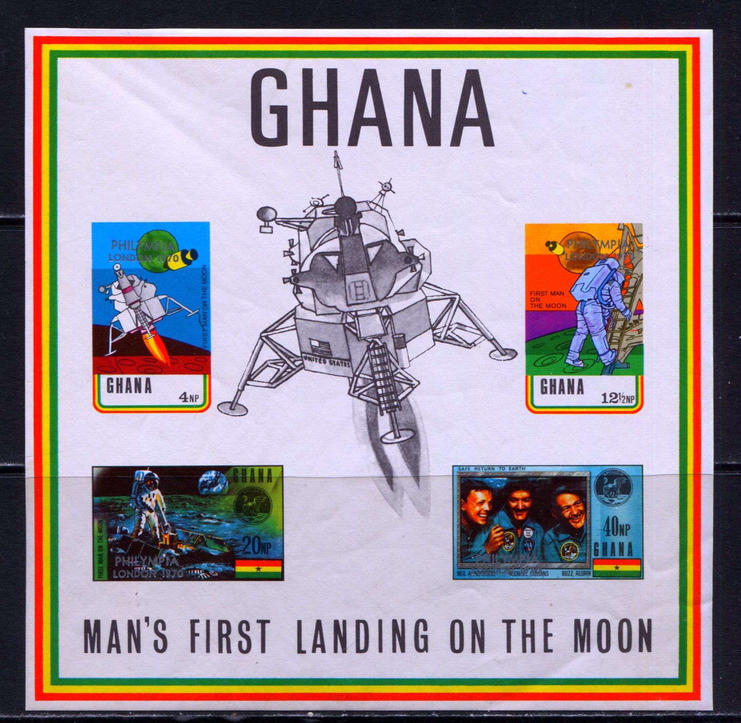 Lot 151 Ghana SC#382-389a 1970 Apollo 11 Issue, A VFNH Range Of Souvenir Sheets, 2017 Scott Cat. $22.5 USD, Click on Listing to See ALL Pictures