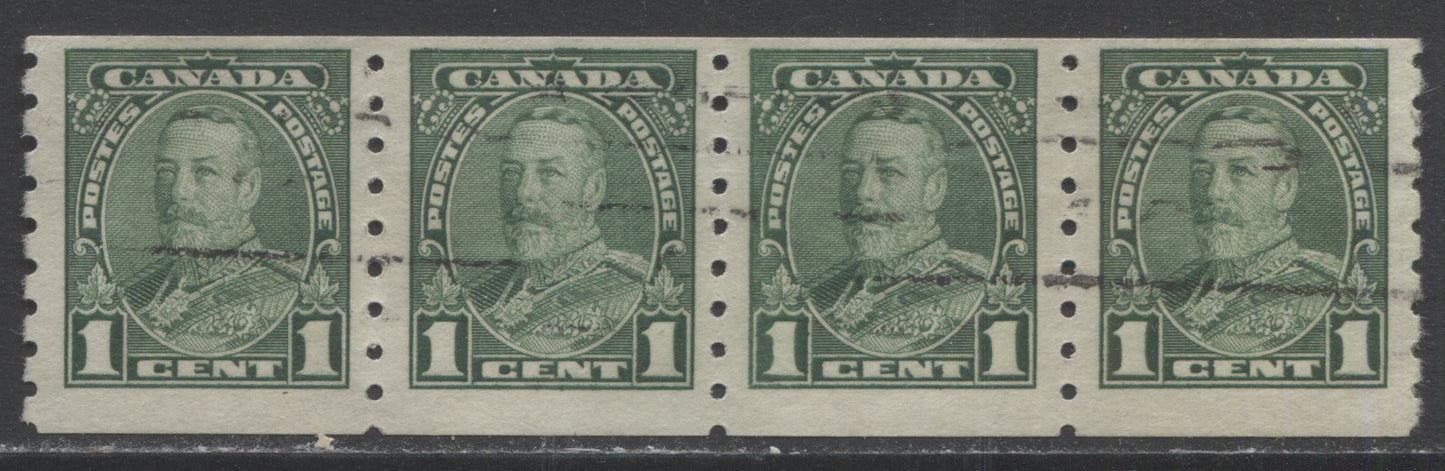 Lot 152 Canada #228iii 1c Green King George V, 1935 Pictorial Coil Issue, A Fine Used Coil Jump Strip Of 4 With Narrow Spacing