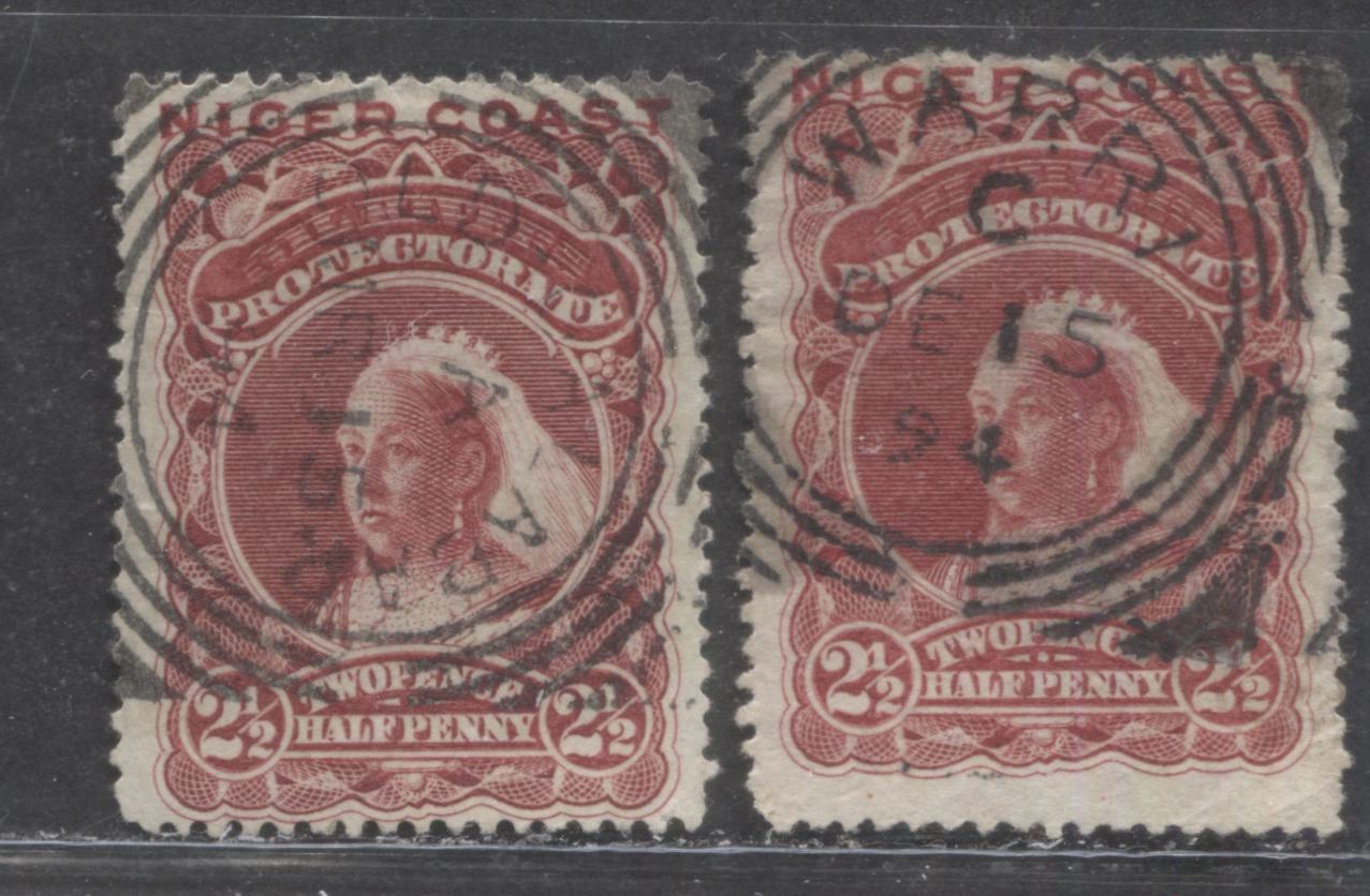 Lot 152 Niger Coast SC#40 (SG#48, 48a) Two Pence Half Penny Carmine - Lake 1893 Obliterated Oil Rivers Issue, Perf 14.5 - 15 & 13.5 - 14., A Very Good, Very Fine used Example, Click on Listing to See ALL Pictures, 2022 Scott Classic Cat. $9 USD