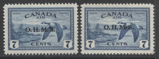 Lot 152 Canada #CO1 7c Deep Blue Canada Geese, 1946 Peace Issue With OHMS Overprint, 2 VFNH Singles, 2 Different Printings