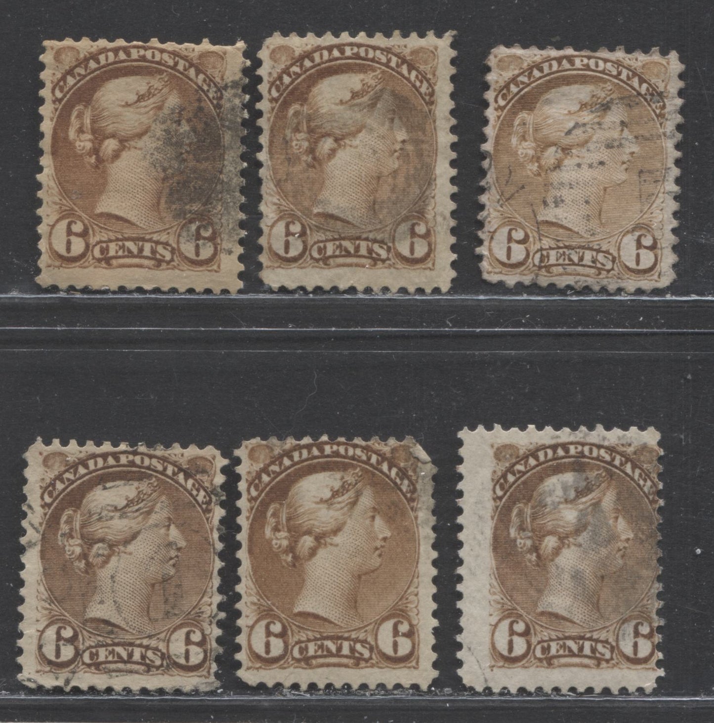 Lot 153 Canada #39, 39d 6c Brown and Yellow Brown Queen Victoria, 1870-1897 Small Queen Issue, Six VG and Fine Used Examples Montreal, 12 x 12.1, 12.1 x 12.2, 12, Soft and Stout Horizointal Wove, Vertical Wove, Different Papers, Shades and Perfs