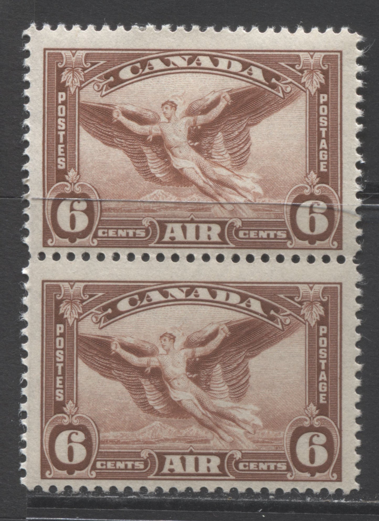 Lot 153 Canada #C5ii 6c Red Brown Daedalus In Flight, 1935 Airmail Issue, A FOG/NH Pair With Moulting Wing, Pl 1, LR Pos 14