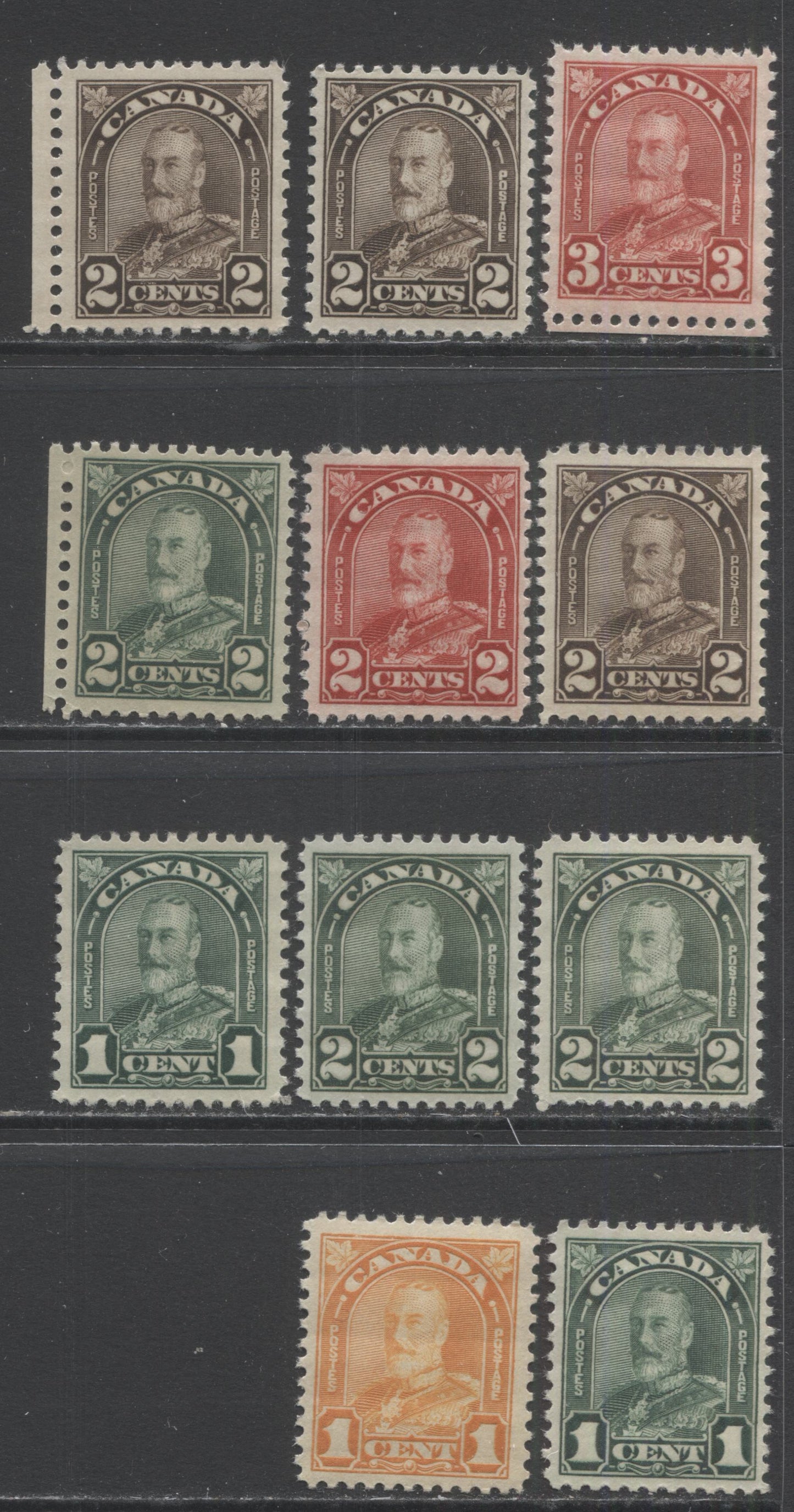 Lot 154 Canada #162-169 1c - 3c Orange - Deep Red King George V, 1930-1931 Arch/Leaf Issue, 11 VFNH Singles With Different Dies & Shades