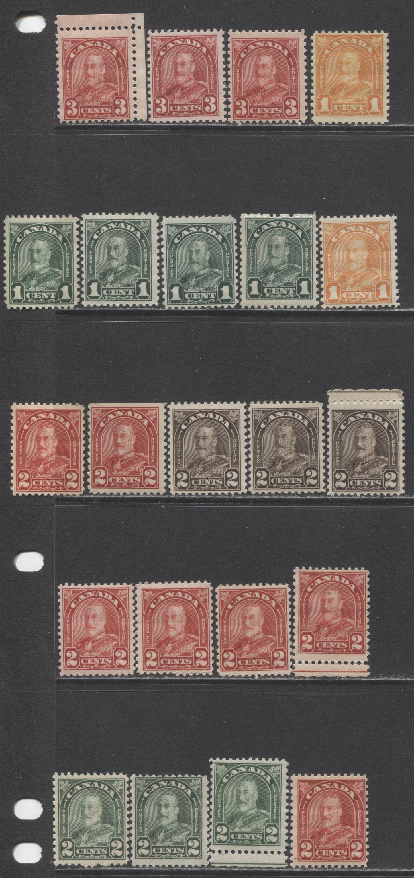 Lot 155 Canada #162-167 1c - 3c Orange - Deep Red King George V, 1930-1931 Arch/Leaf Issue, 22 FNH Singles With Different Dies, Shades & Gums