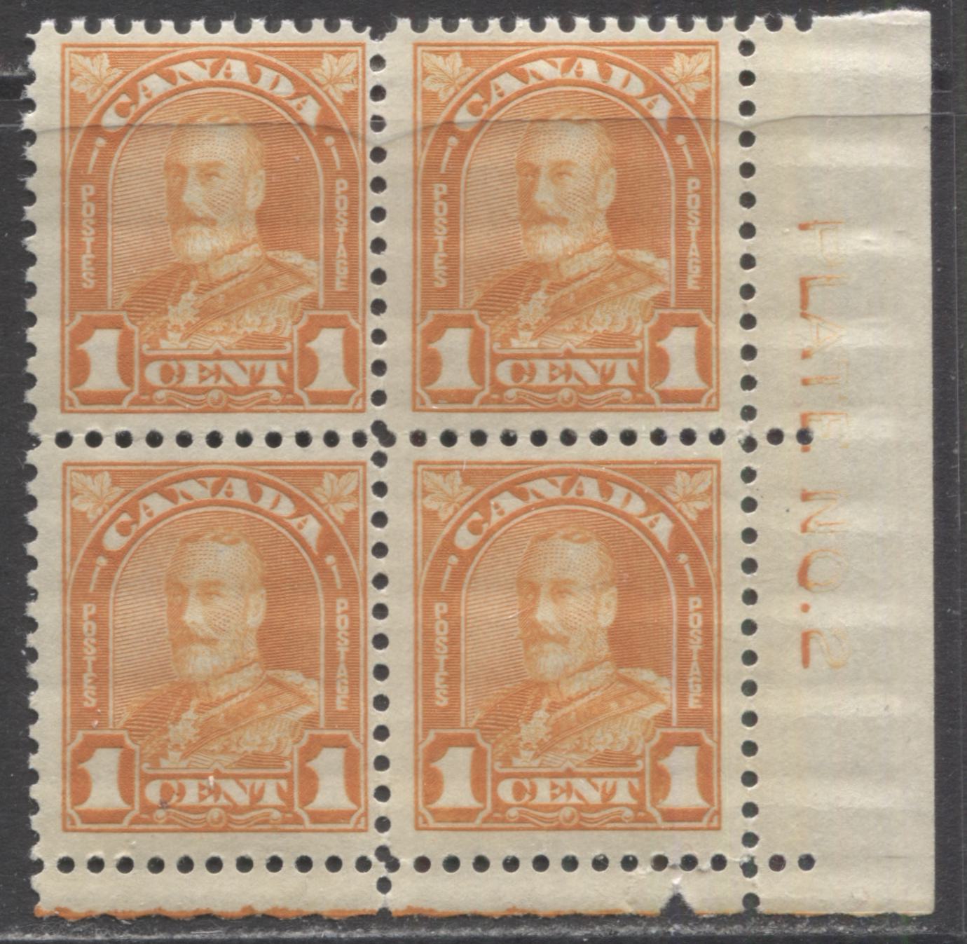 Lot 156 Canada #162 1c Orange King George V, 1930-1931 Arch/Leaf Issue, A FNH LR Plate 2 Block Of 4