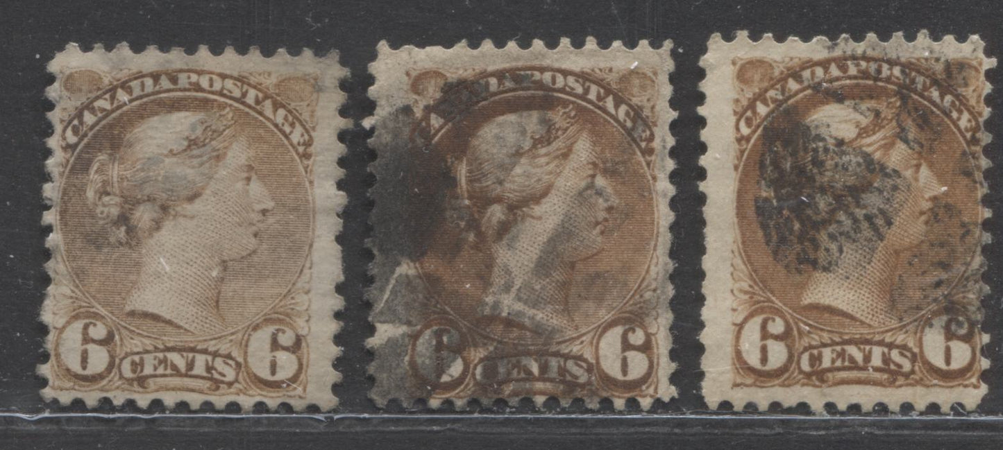 Lot 156 Canada #39b 6c Yellow Brown Queen Victoria, 1870-1897 Small Queen Issue, Three VG Used Examples Montreal, 11.75 x 12, Stout Horizontal and Vertical Wove, Different Papers, Shades and Cancels