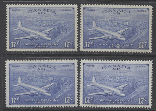 Lot 156 Canada #CE4 17c Bright Ultramarine DC 4-M Airplane, 1946 Peace Issue Revised, 4 VFNH Singles, 4 Printings, Different Shades & Gums, Revised Die With Grave Accent