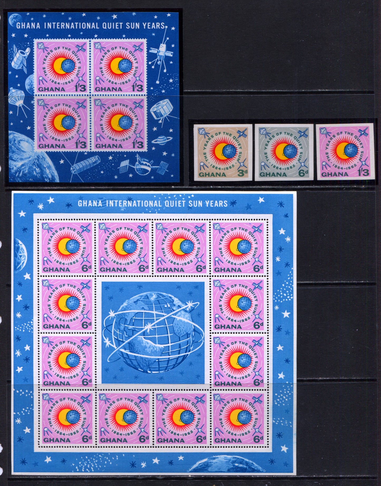 Lot 156 Ghana SC#164-188 1964 Quiet Sun Year Issue, A VFNH Range Of Perf & Imperf Singles, Souvenir Sheets & FDC's, 2017 Scott Cat. $12.65 USD, Click on Listing to See ALL Pictures