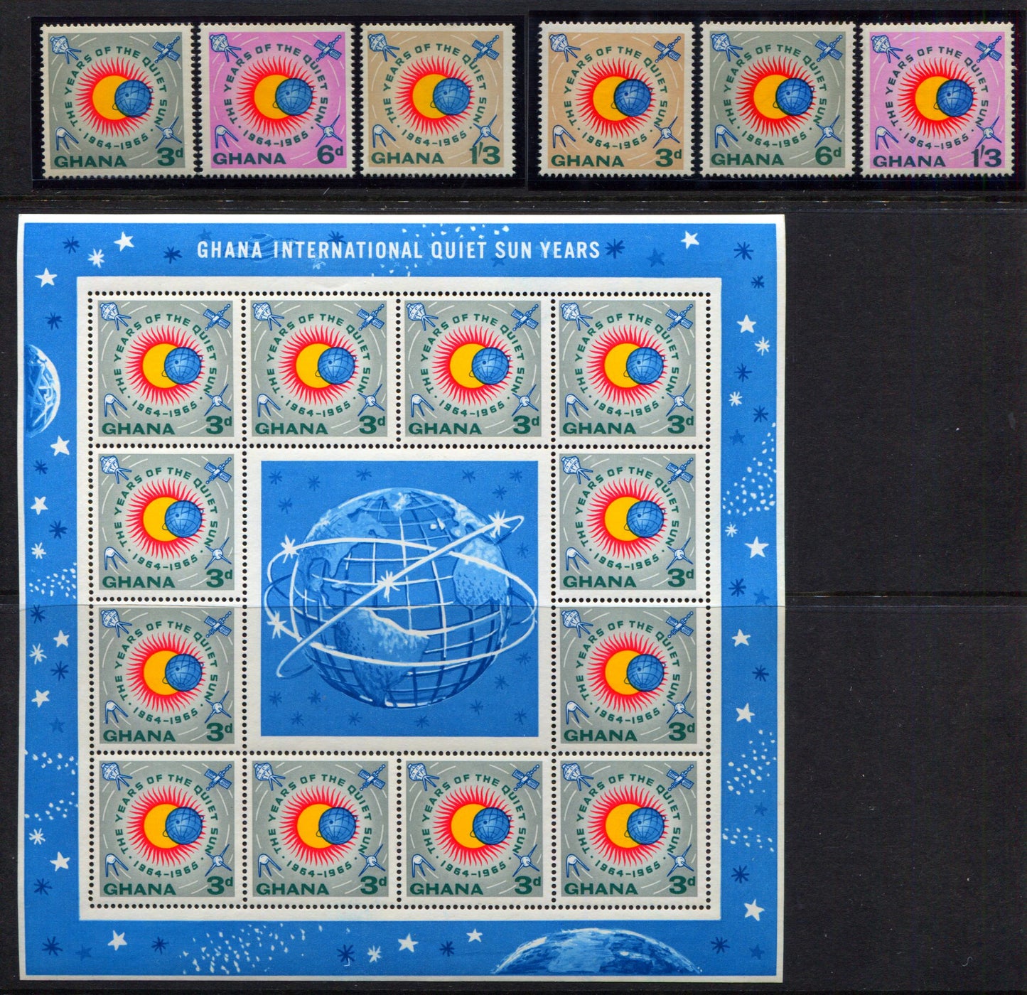 Lot 156 Ghana SC#164-188 1964 Quiet Sun Year Issue, A VFNH Range Of Perf & Imperf Singles, Souvenir Sheets & FDC's, 2017 Scott Cat. $12.65 USD, Click on Listing to See ALL Pictures