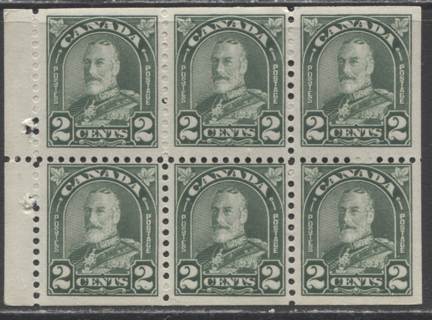 Lot 157 Canada #164a 2c Dull Green King George V, 1930-1931 Arch/Leaf Issue, A FOG Booklet Pane Of 6, Flat Press Printing