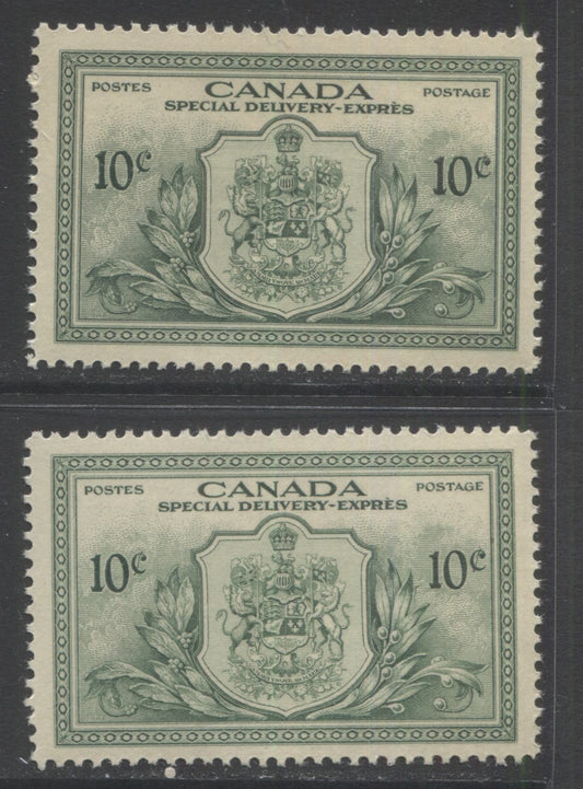 Lot 157 Canada #E11 10c Green Coat Of Arms, 1946 Peace Issue, 2 VFNH Singles, 2 Printings, Different Shades