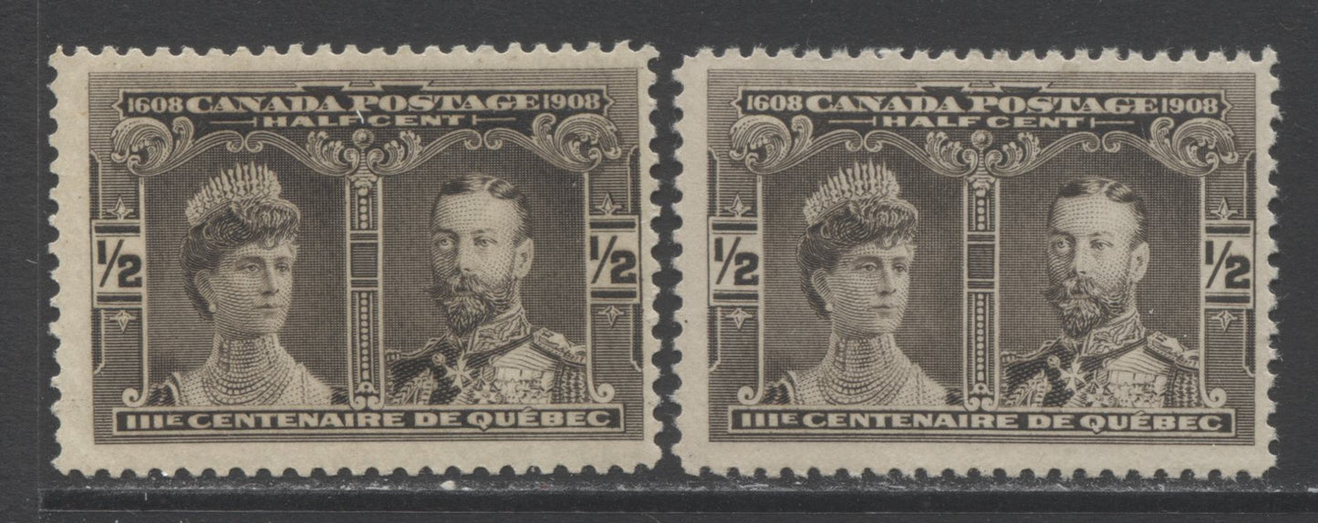 Lot 158 Canada #96 1/2c Black Brown Prince & Princess Of Wales, 1908 Quebec Tercentenary Issue, 2 Fine NH Singles Showing Two Different Shades