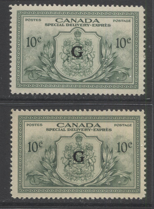 Lot 159 Canada #EO2 10c Green, 1946 Peace Issue Special Delivery G Overprinted, 2 Very Fine NH & LH Singles On Different Papers With Different Gum