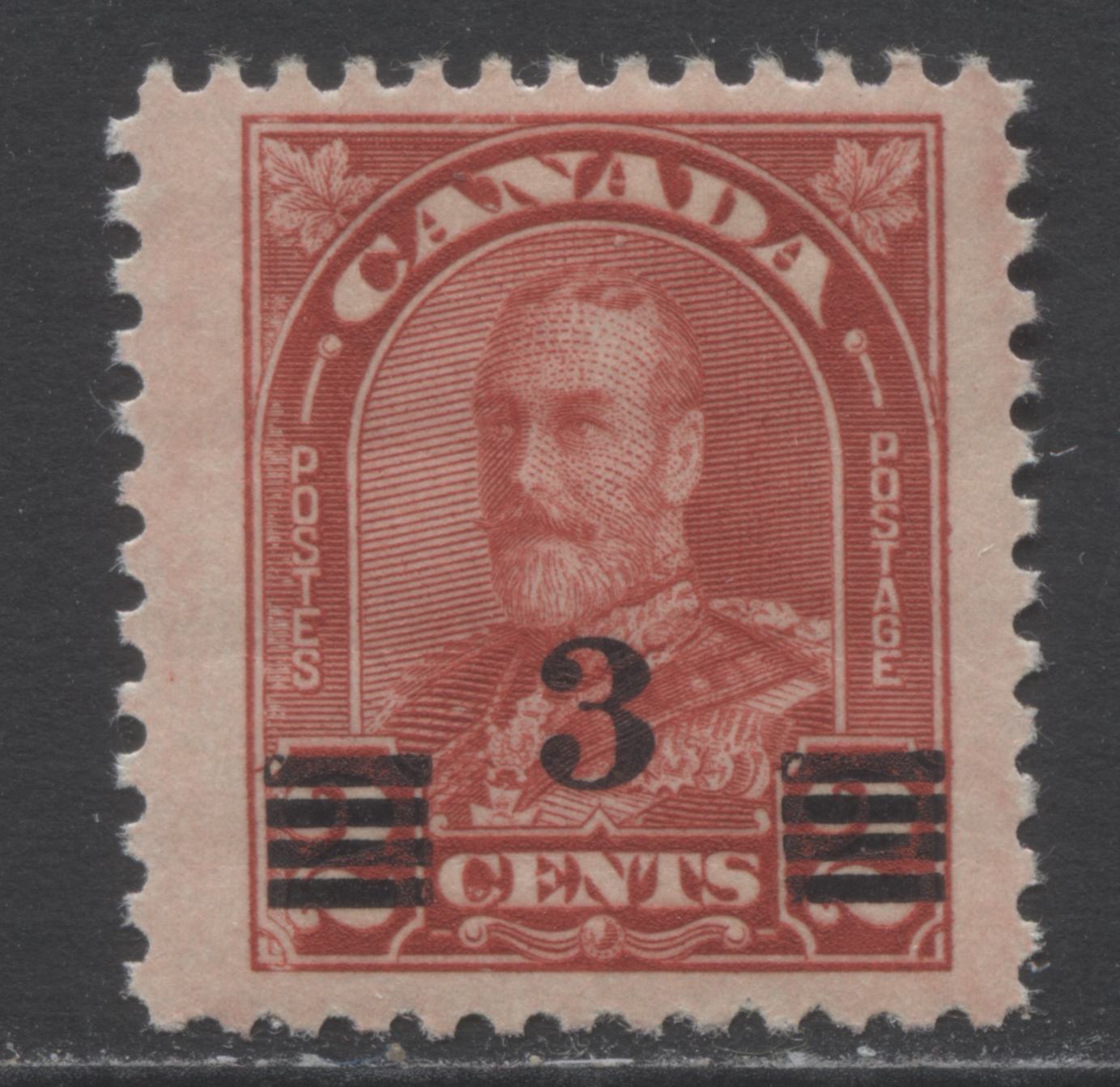 Lot 159 Canada #191var 3c On 2c Deep Red King George V, 1930-1932 Arch/Leaf Provisional Issue, A VFLH Single Showing Dry Inking Along Left Side