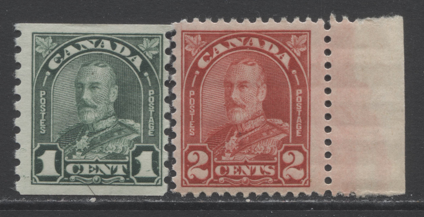 Lot 161 Canada #165a, 179 2c & 1c Deep Red & Green King George V, 1930-1931 Arch/Leaf & A/L Coil Issues, 2 Fine OG Sheet & Coil Singles Showing Die Flaw In C of Canada