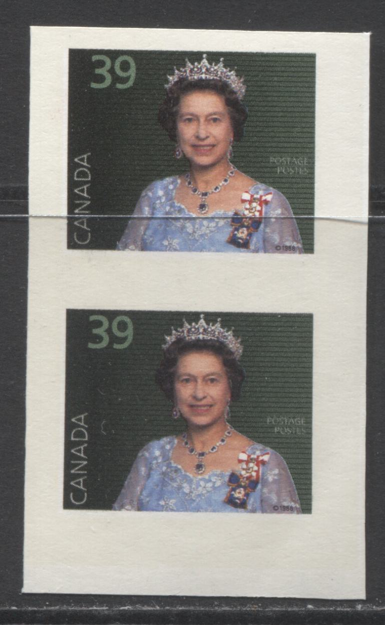 Lot 161 Canada #1167c 39c Multicolored (Green Background) Queen Elizabeth II, 1990 Mammal/Flag Issue, A VFNH Imperf Pair