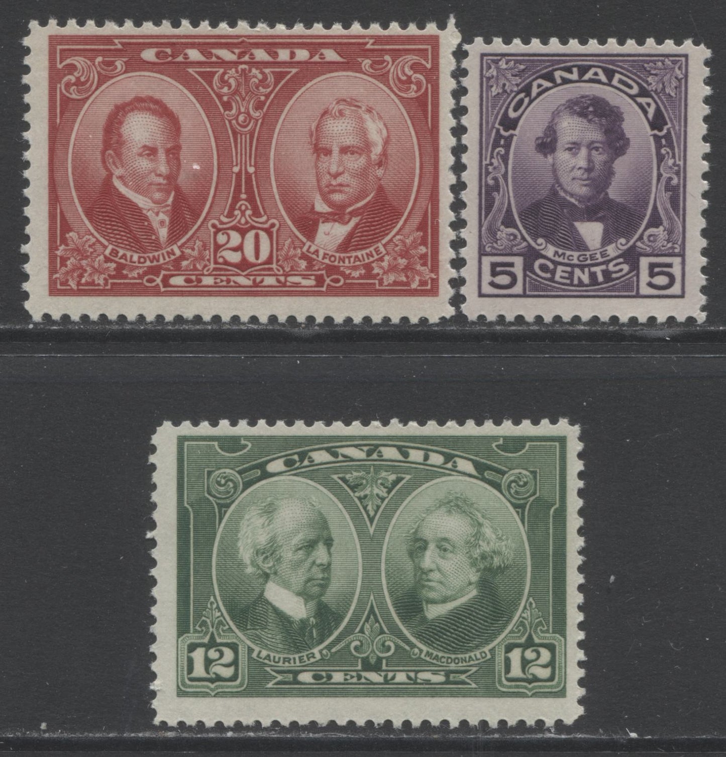 Lot 161 Canada #146-148 5c - 20c Violet - Brown Carmine Thomas D'Arcy McGee - Baldwin & Lafontaine, 1927 Historical Issue, 3 Fine NH Singles