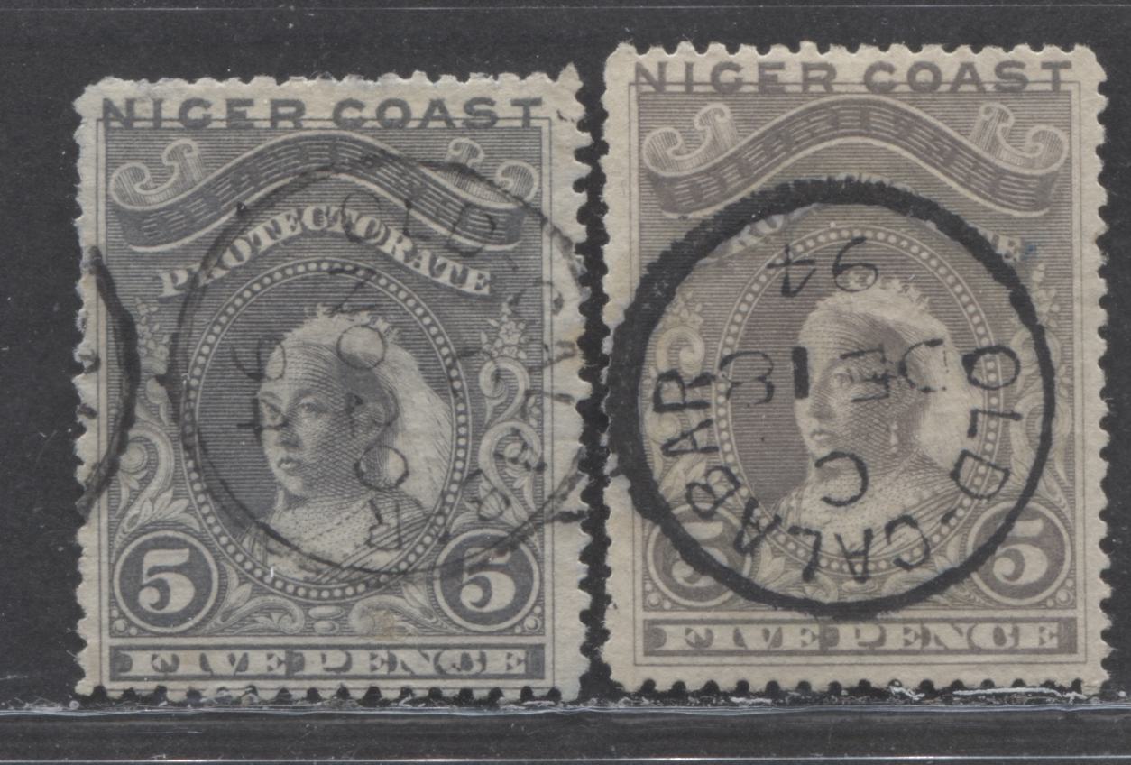 Lot 162 Niger Coast SC#41 (SG#49b) Five Pence Grey Lilac 1893 Obliterated Oil Rivers Issue, Perf 13.5 - 14, A Fine - Very Fine Used Example, Click on Listing to See ALL Pictures, 2022 Scott Classic Cat. $30 USD