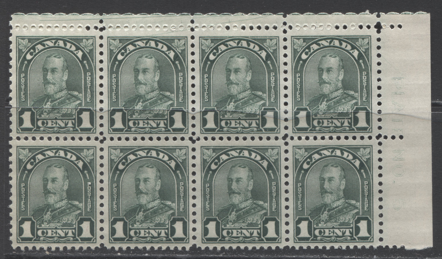 Lot 162 Canada #163 1c Deep Green King George V, 1930-1931 Arch/Leaf Issue, A VFNH UR Plate 5 Block Of 8 Showing A Hairline In Pos. 7-10, Die 2