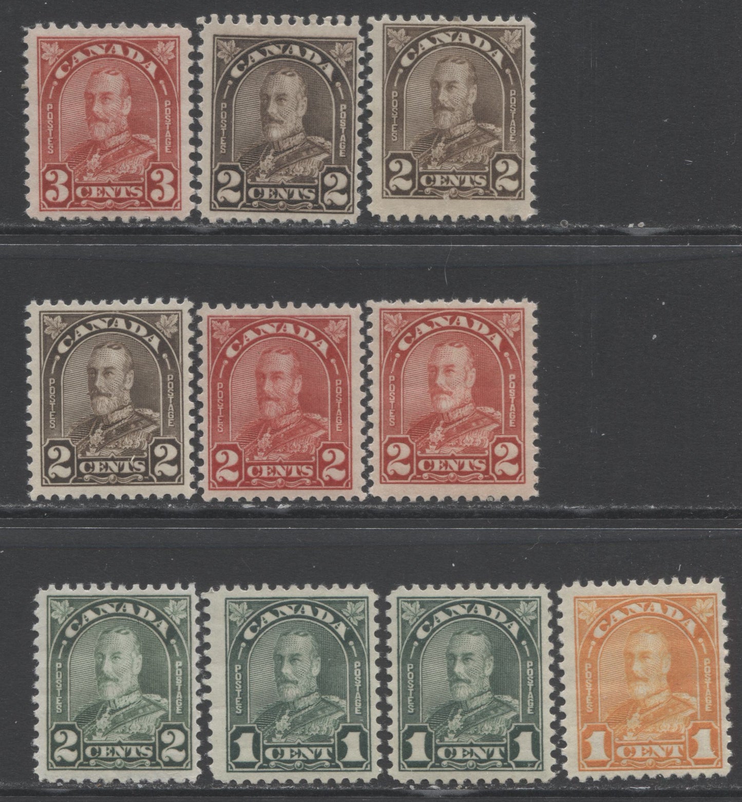 Lot 165 Canada #162/167 1c-3c Orange - Deep Red King George V, 1930-1931 Arch/Leaf Issue, 10 F/VFNH & OG Singles, Includes Both Die Types & Extra Shades, Including the Pale Yellow Brown 2c