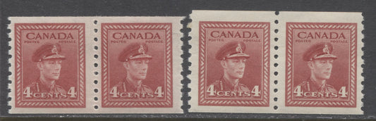Lot 165 Canada #281 4c Dark Carmine King George VI, 1942-1948 Peace Issue Coils, 2 Fine LH & NH Coil Pairs, 2 Printings, Different Papers, Shades & Gums