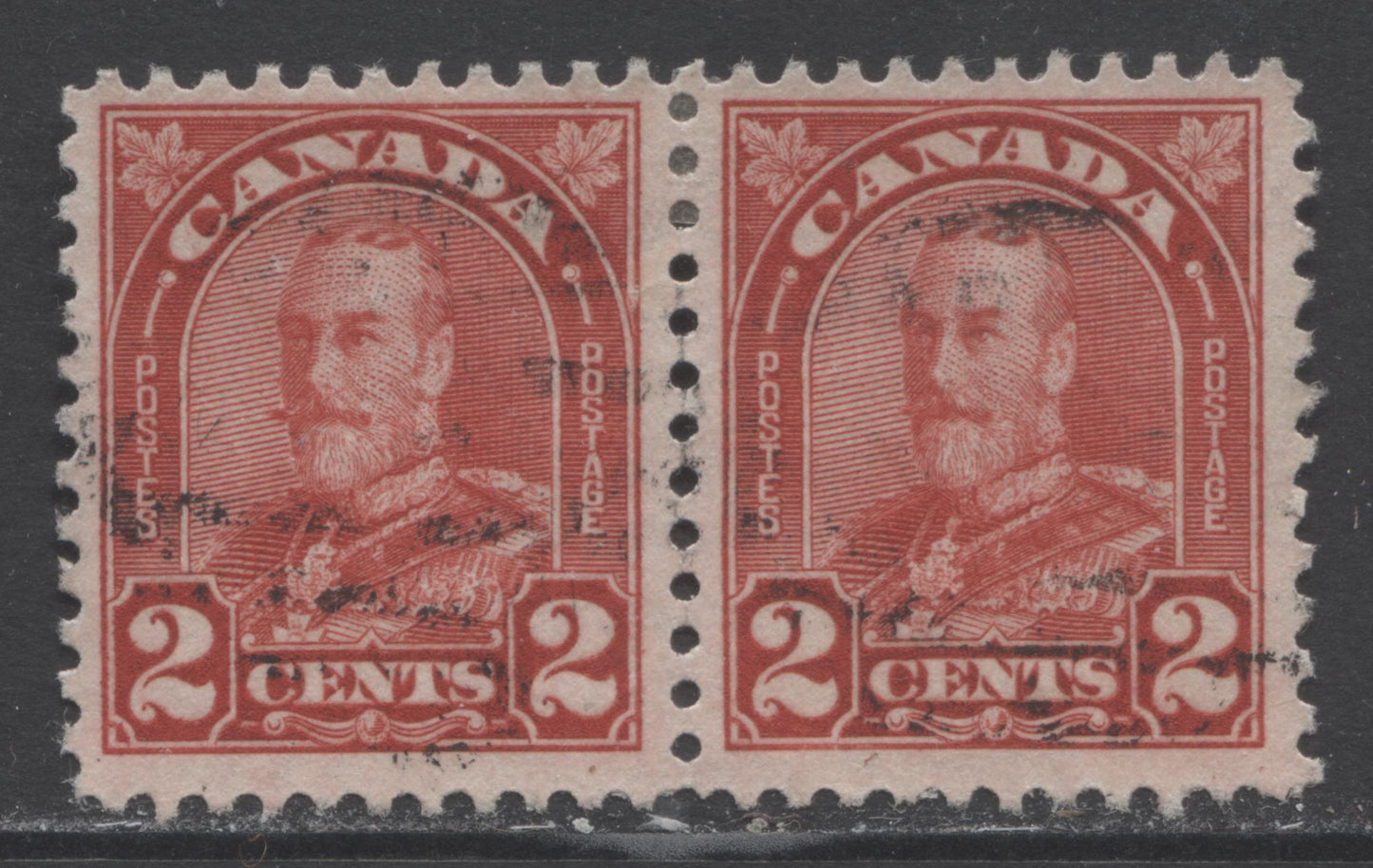 Lot 166 Canada #165ai 2c Deep Red King George V, 1930-1931 Arch/Leaf Issue, A Fine Used Pair Showing The Extended Moustache Variety On Left Stamp, Plate 8 LR Pos 65