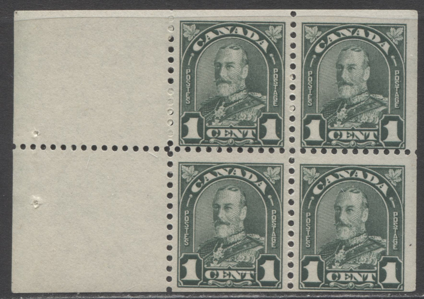 Lot 166 Canada #163a 1c Deep Green King George V, 1930-1931 Arch/Leaf Issue, A Fine NH Booklet Pane Of 4