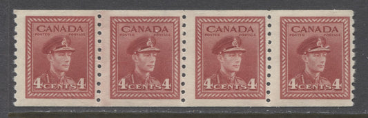 Lot 166 Canada #281i 4c Dark Carmine King George VI, 1942-1948 Peace Issue Coils, A Fine NH Coil Jump Strip Of 4 On Horizontal Wove Paper With Satin Cream Gum