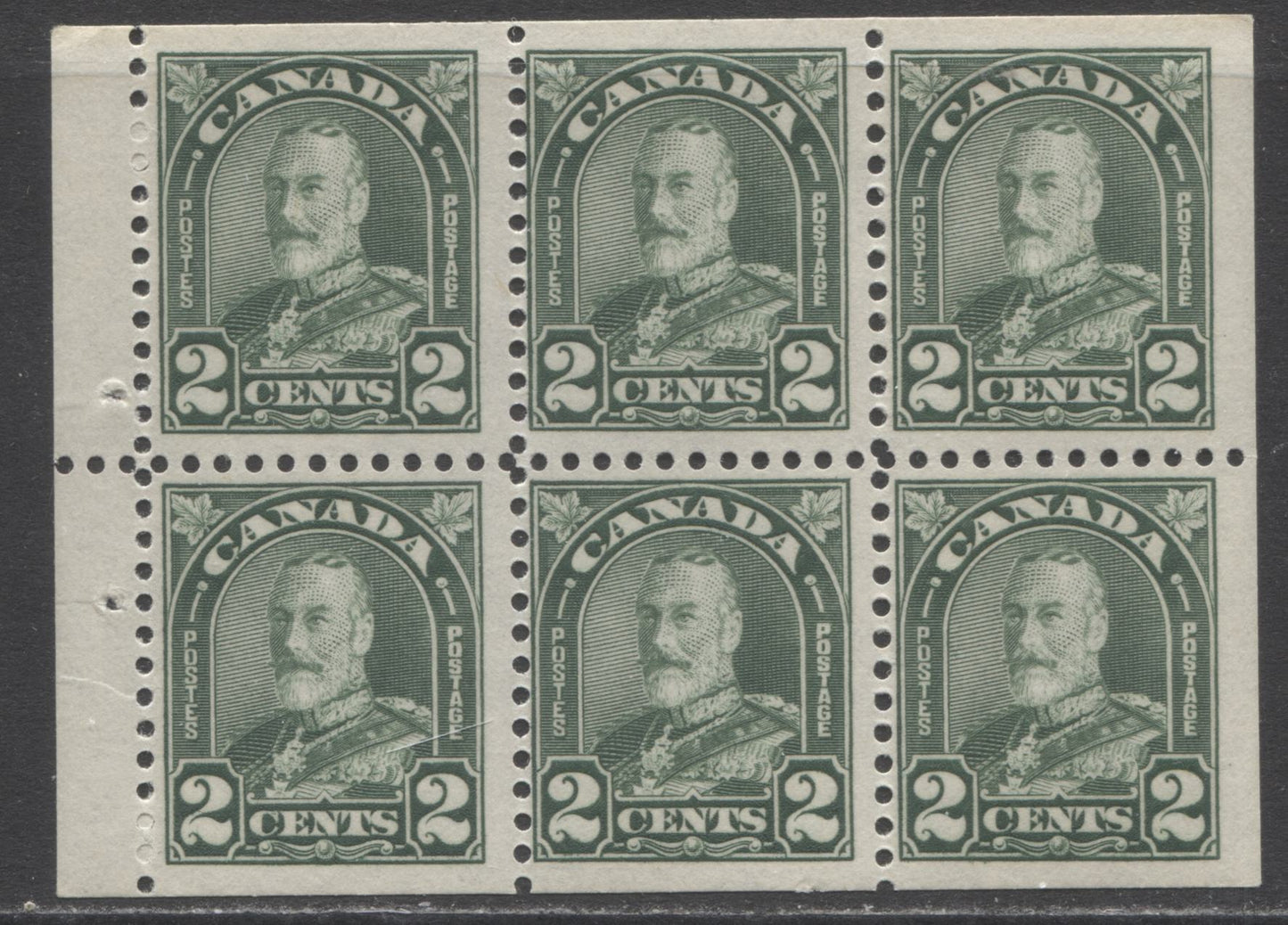 Lot 167 Canada #164a 2c Dull Green King George V, 1930-1931 Arch/Leaf Issue, A Fine NH Booklet Pane Of 6 With Semi-Glossy Cream Gum, Flat Press