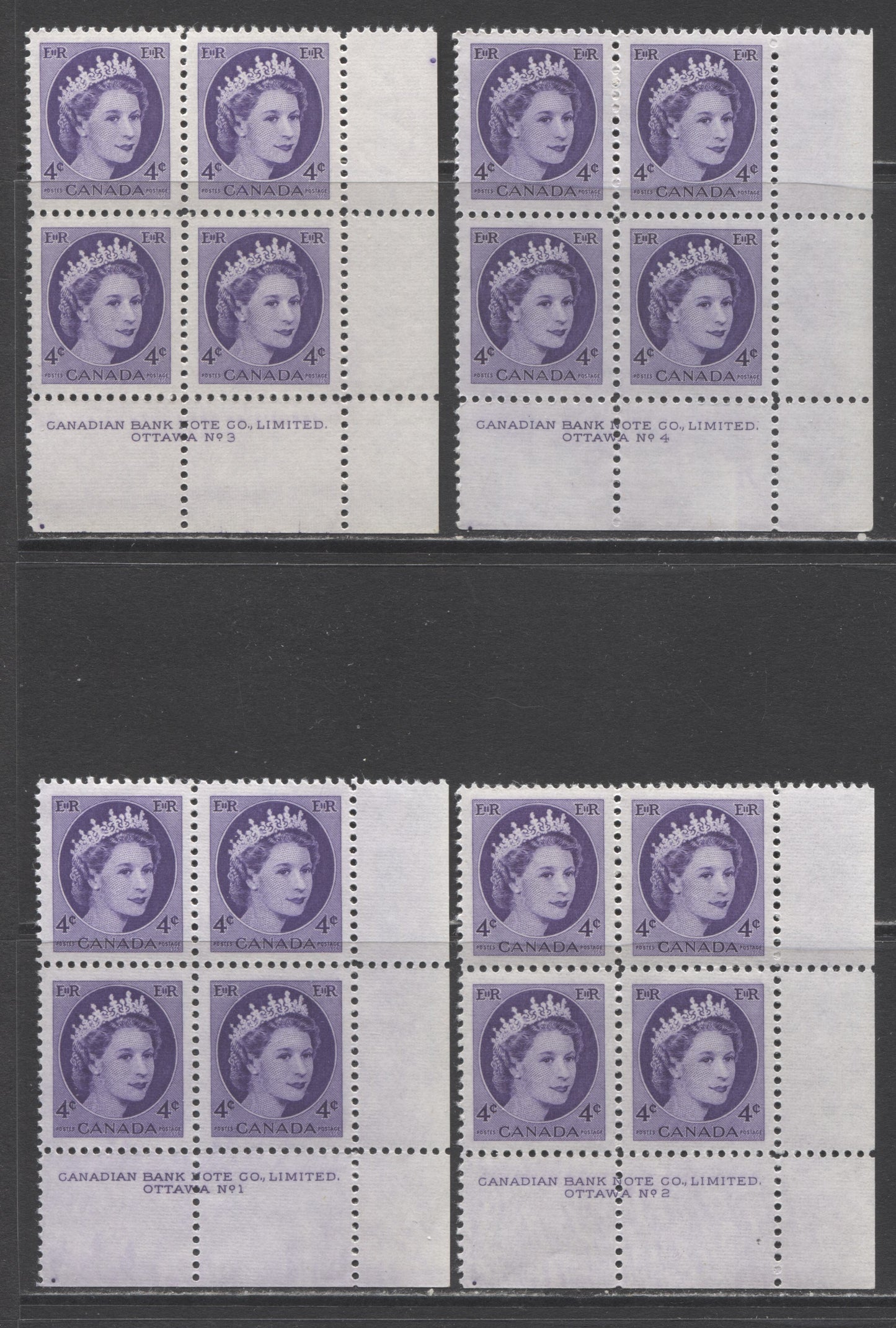 Lot 167 Canada #340 4c Violet Queen Elizabeth II, 1954 Wilding Issue, 4 VFNH LR Plates 1-4 Blocks Of 4