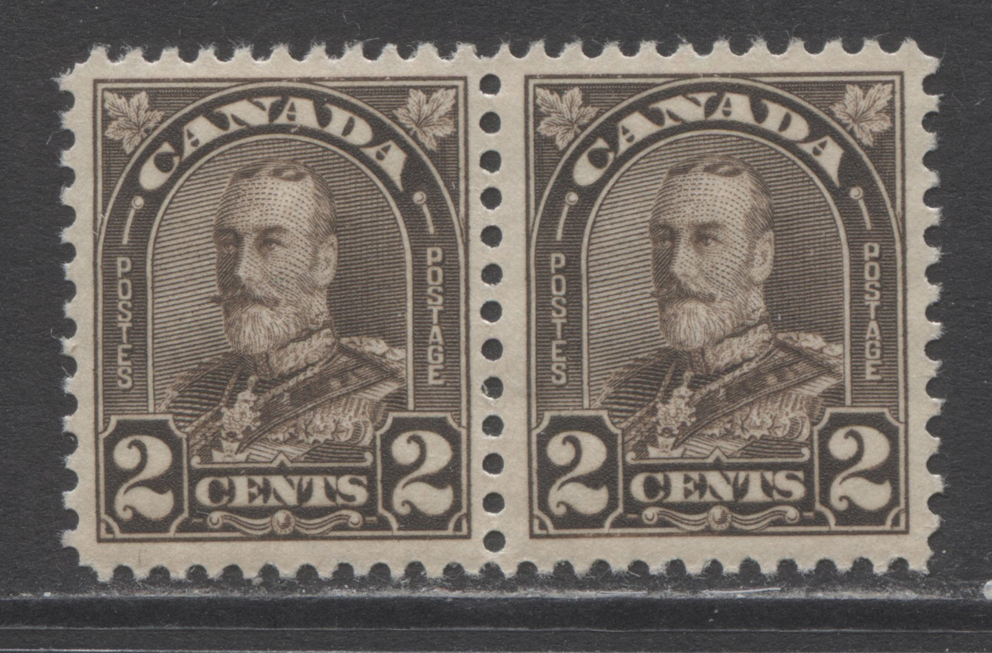 Lot 167 Canada #166i 2c Dark Brown King George V, 1930-1931 Arch/Leaf Issue, A VFNH Pair Showing The Extended Moustache Variety On Left Stamp, Plate 8 LR Pos 65