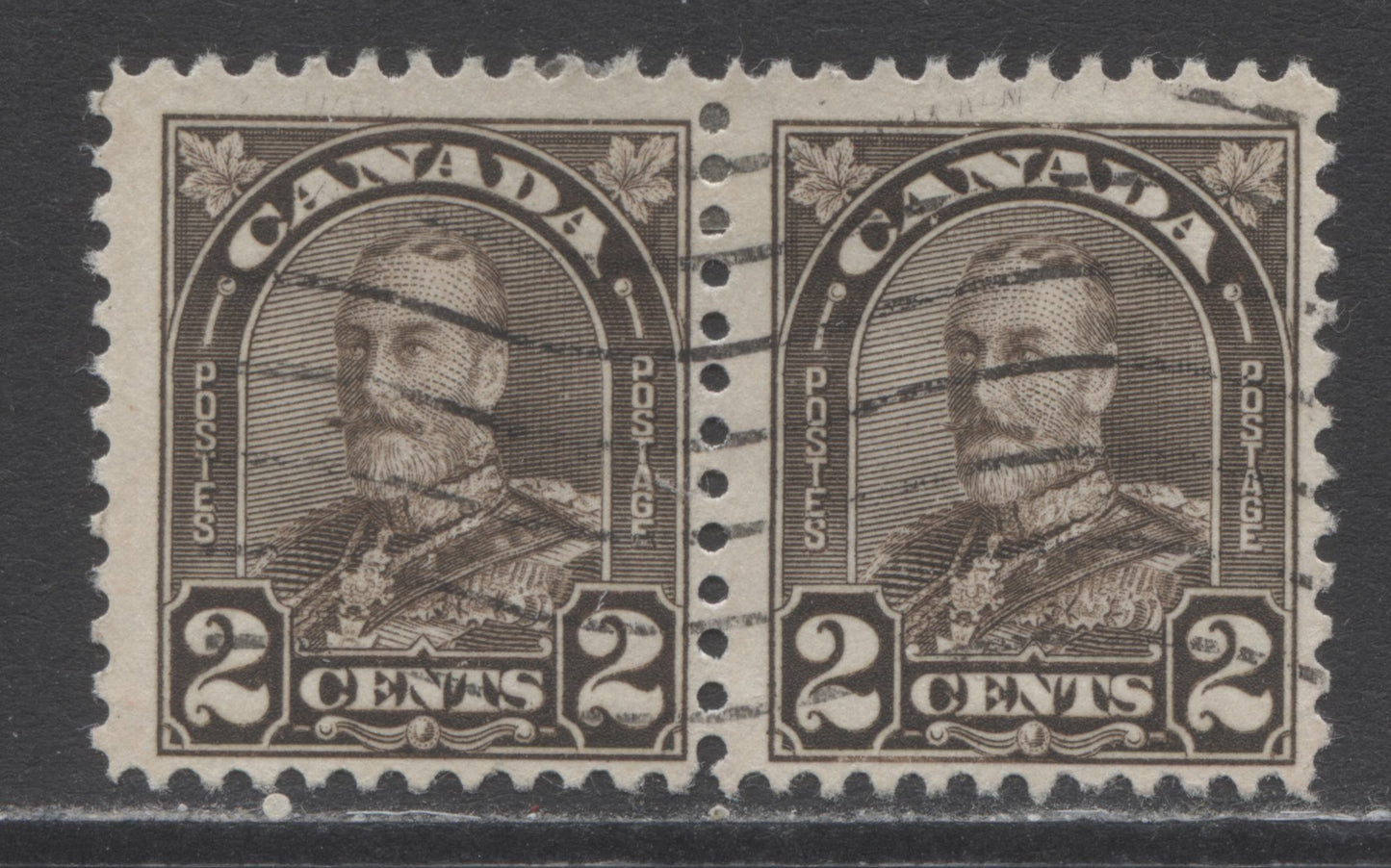 Lot 168 Canada #166i 2c Dark Brown King George V, 1930-1931 Arch/Leaf Issue, A Fine Used Pair Showing The Extended Moustache Variety On Left Stamp, Plate 8 LR Pos 65