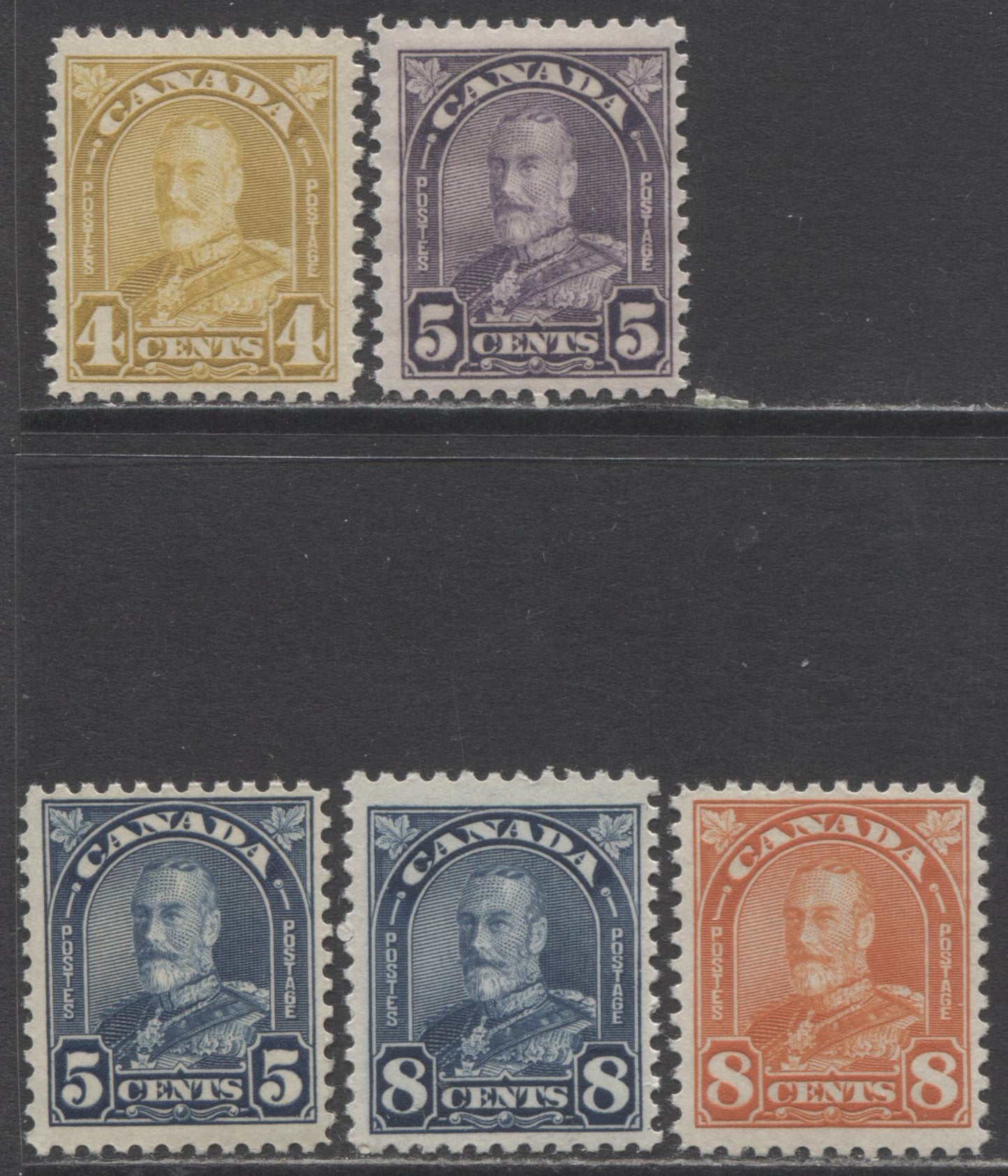 Lot 168 Canada #168-172 4c - 8c Yellow Bistre - Red Orange King George V, 1930-1931 Arch/Leaf Issue, 5 Fine NH Singles