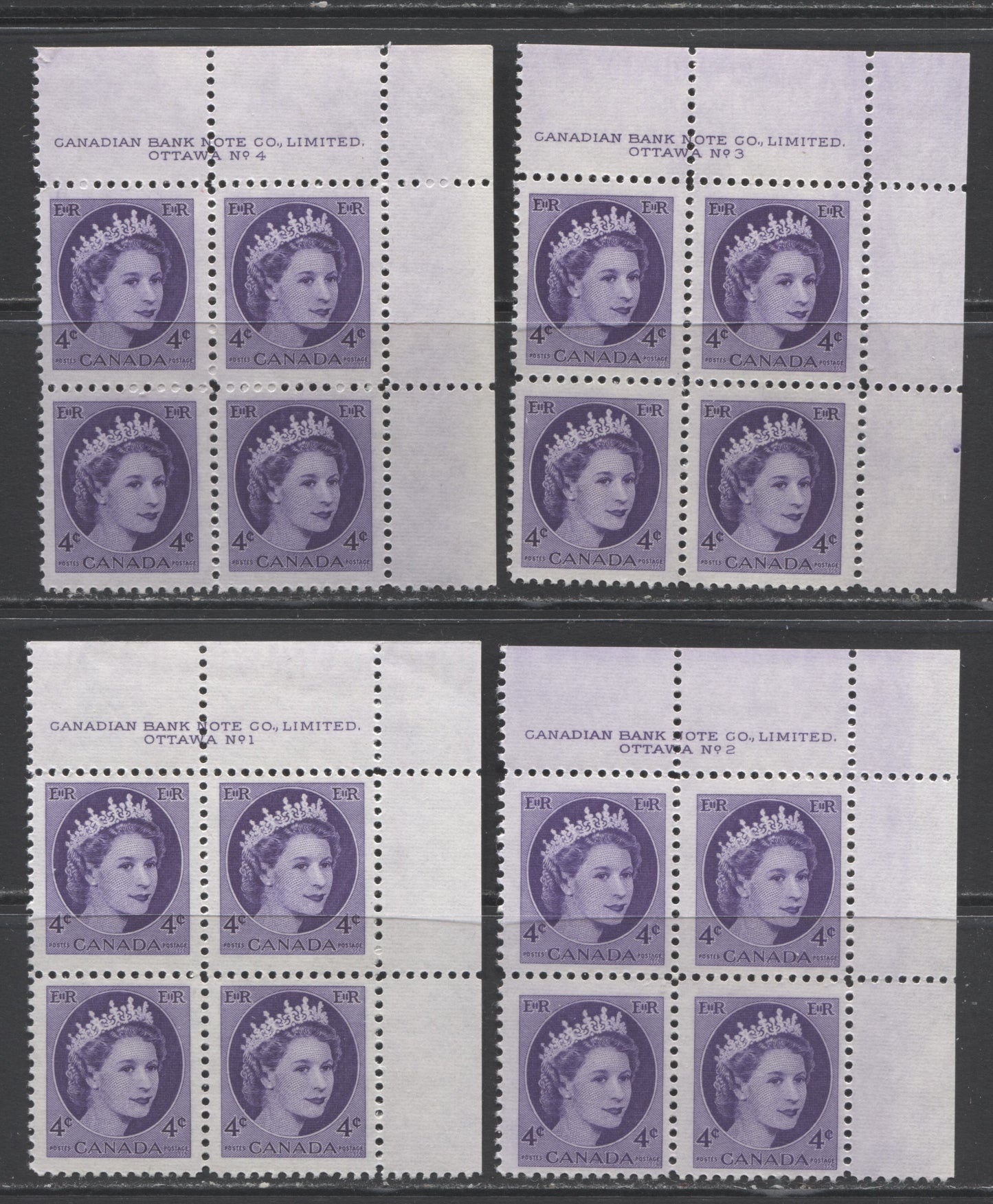 Lot 168 Canada #340 4c Violet Queen Elizabeth II, 1954 Wilding Issue, 4 VFNH/LH UR Plates 1-4 Blocks Of 4