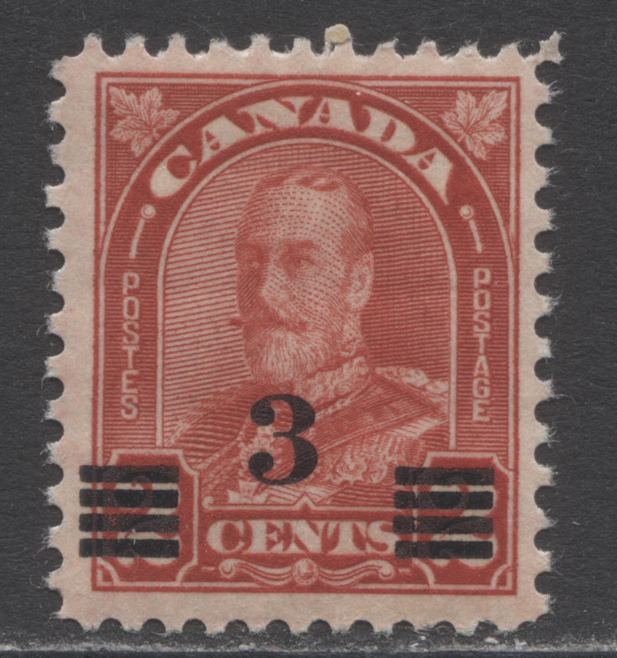 Lot 169 Canada #191i 3c On 2c Deep Red King George V, 1930-1932 Arch/Leaf Provisional Issue, A VFNH Single Showing The Extended Moustache Variety, Plate 8 LL Pos 65, Die 2