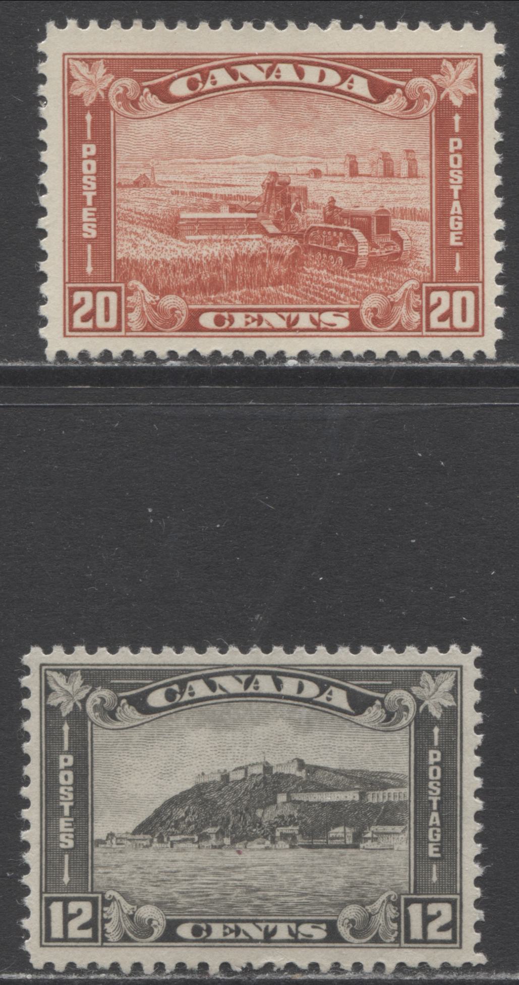 Lot 169 Canada #174-175 12c & 20c Gray Black & Brown Red Quebec Citadel & Harvesting Wheat, 1930-1931 Arch/Leaf Issue, 2 VFNH SIngles