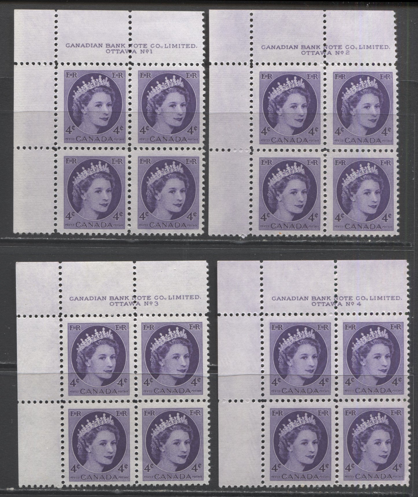 Lot 169 Canada #340 4c Violet Queen Elizabeth II, 1954 Wilding Issue, 4 F/VFNH UL Plates 1-4 Blocks Of 4