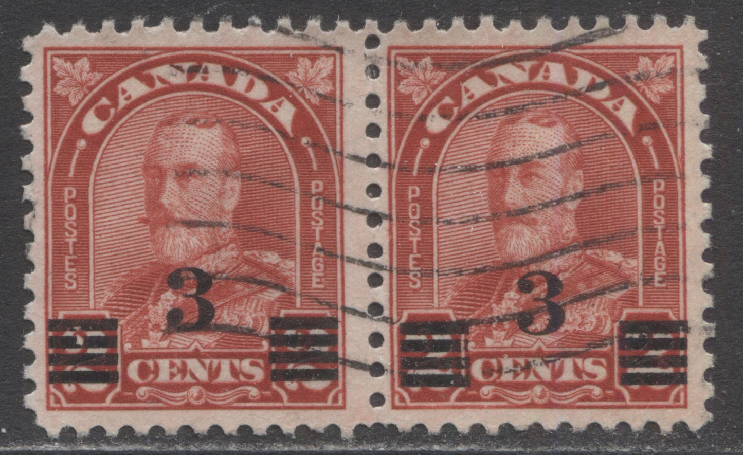 Lot 170 Canada #191i 3c On 2c Deep Red King George V, 1930-1932 Arch/Leaf Provisional Issue, A Fine Used Pair Showing The Extended Moustache Variety On Left Stamp, Plate 8 LL Pos 65, Die 2