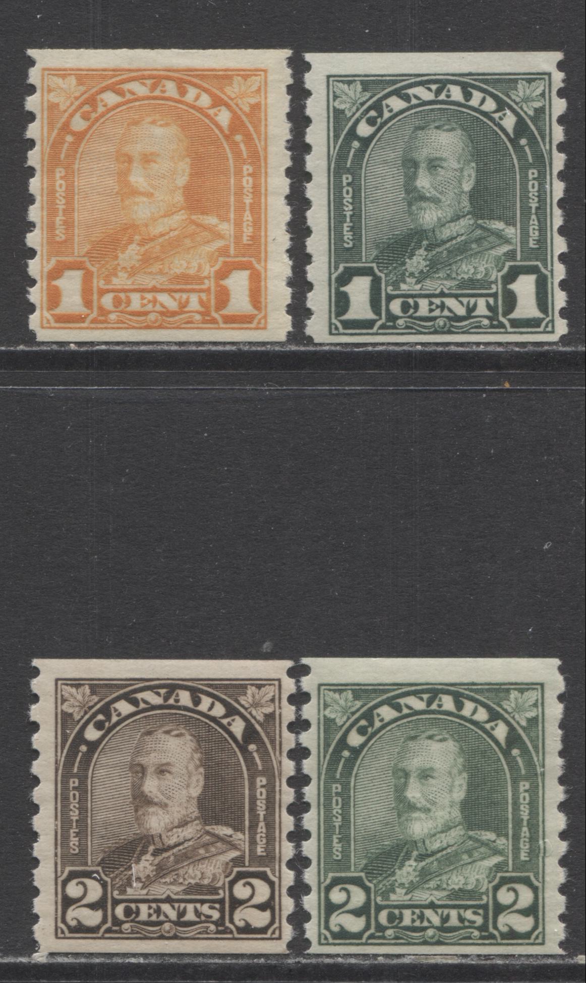 Lot 170 Canada #178-180, 182 1c & 2c Orange, Deep Green, Dull Green & Dark Brown King George V, 1930-1931 Arch/Leaf Coil Issue, 4 Fine NH Coil Singles, Perf 8 Vertical