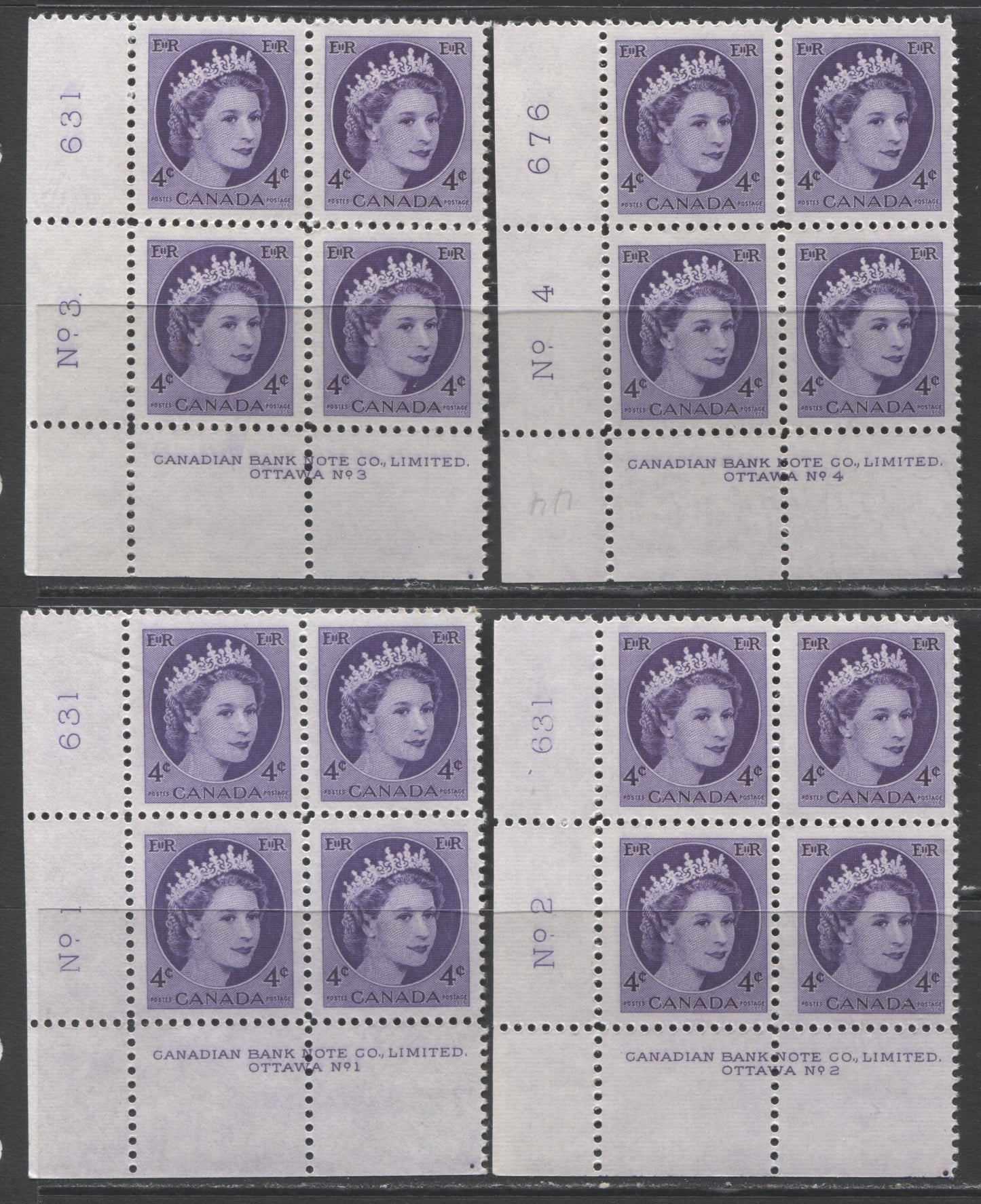 Lot 170 Canada #340 4c Violet Queen Elizabeth II, 1954 Wilding Issue, 4 F/VFNH LL Plates 1-4 Blocks Of 4